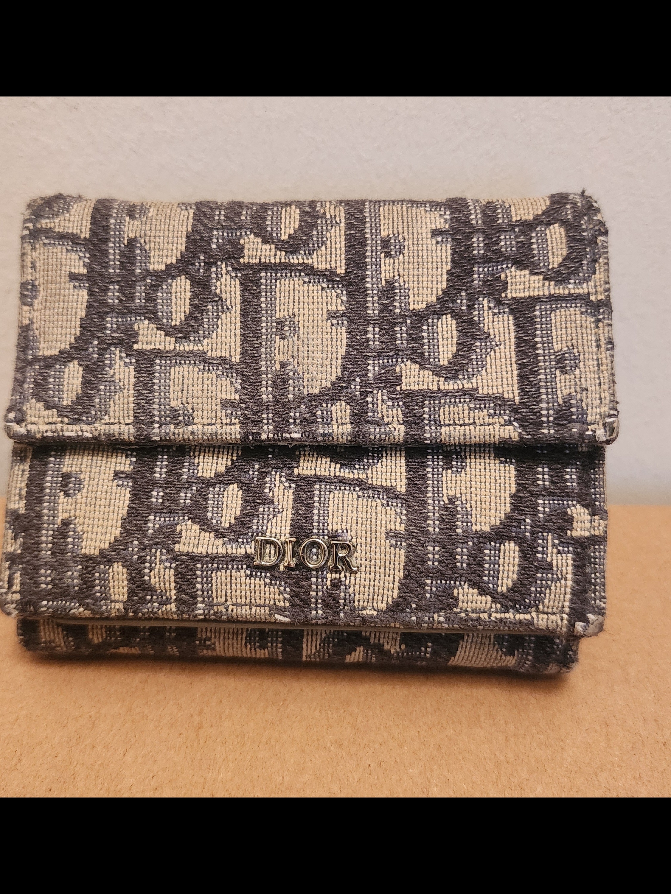 Dior Beige And Navy Blue Monogram Trifold Wallet